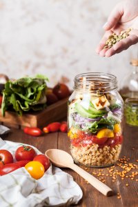 How to Stay Fit Working a Desk Job, healthy lunch, jar of salad, meal prep, work snacks, small business lunch